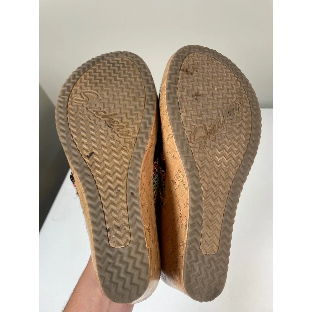 Skechers Wedge Sandals Women's Size 8 Multi Color Woven Luxe Foam Cork Heel Boho